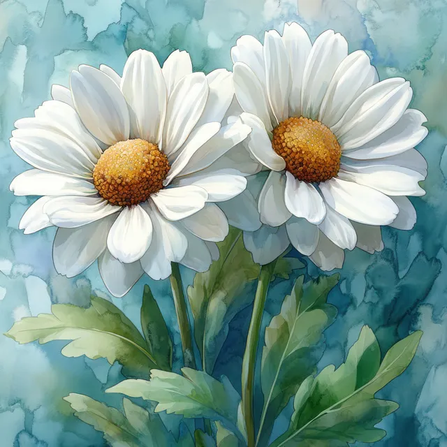 Watercolor daisy botanical illustration with two white blooms on soft blue-green meadow background