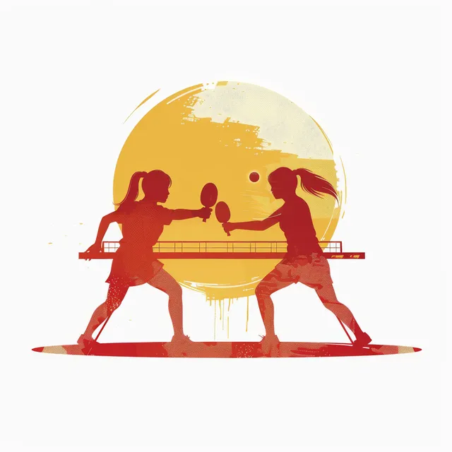 Silhouette of two Chinese female table tennis players in a doubles rally, red-gold backdrop