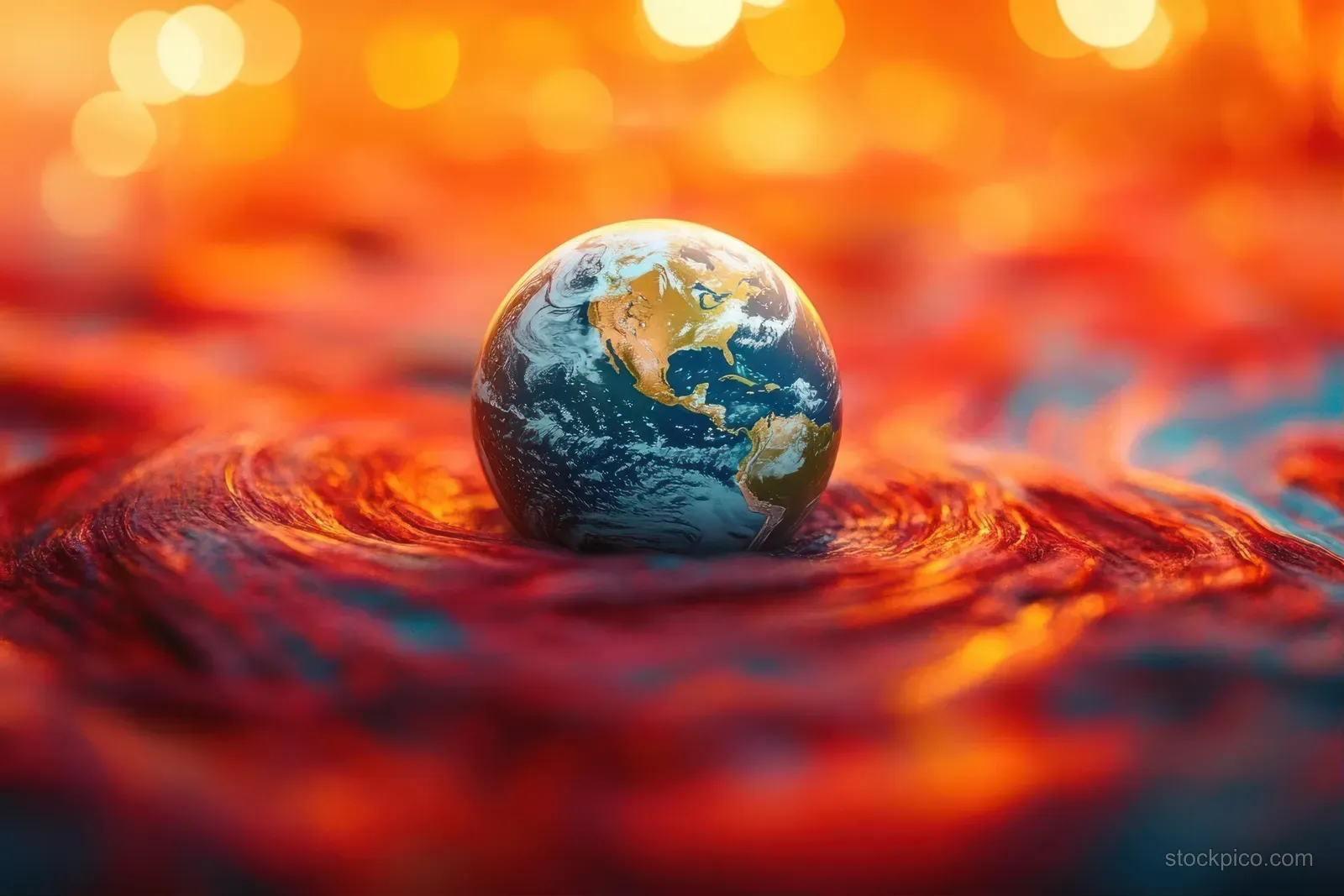 A small Earth globe model rests on glowing molten lava with bright orange and yellow bokeh in the background.