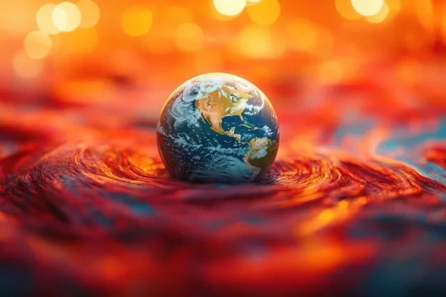 A small Earth globe model rests on glowing molten lava with bright orange and yellow bokeh in the background.