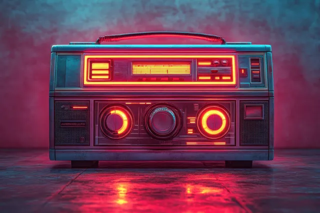 Retro neon boombox with glowing cassette window and speakers on a reflective synthwave-lit surface.