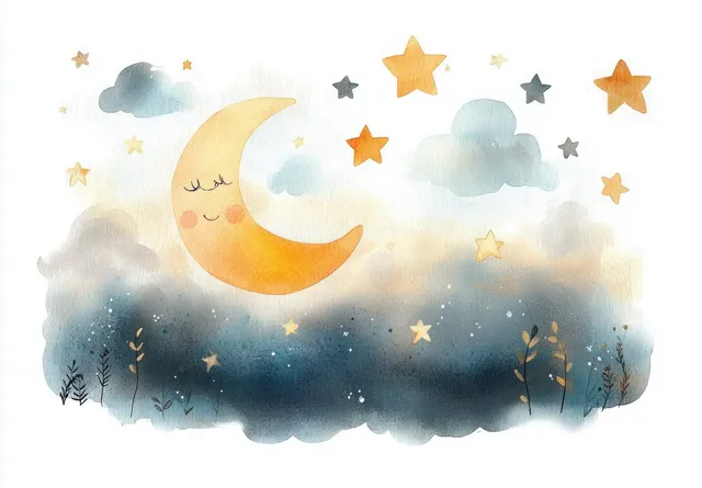 A crescent moon rests above soft clouds with scattered stars and faint forest silhouettes in a watercolor night sky.