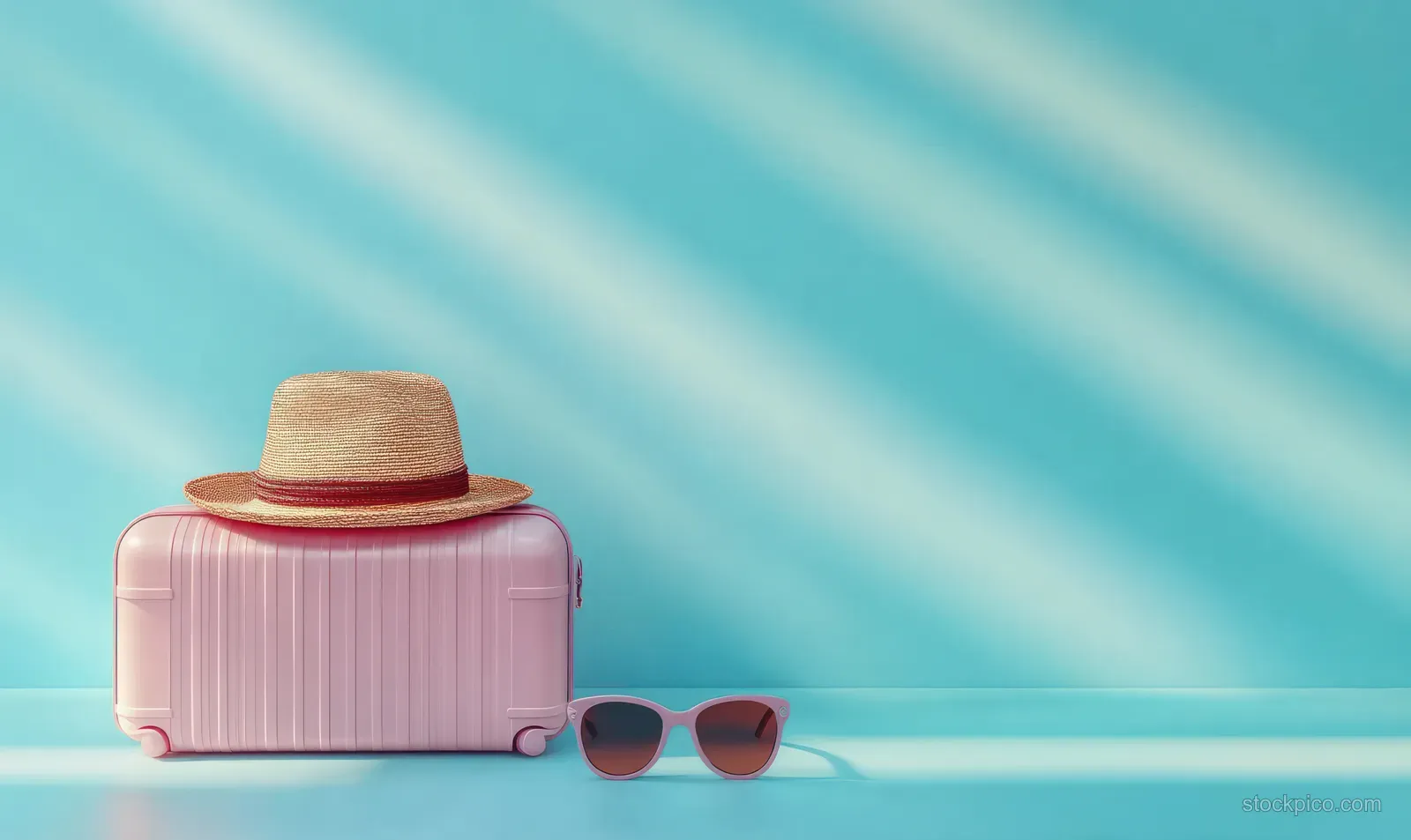 A pink suitcase with a straw hat and sunglasses rests on a pastel striped surface.