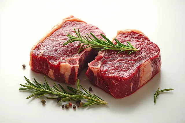 Raw beef steak cuts with rosemary sprigs and peppercorns arranged on a white background.