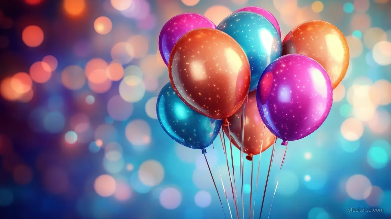 A group of shiny colorful balloons floats against a glowing blue bokeh light background.