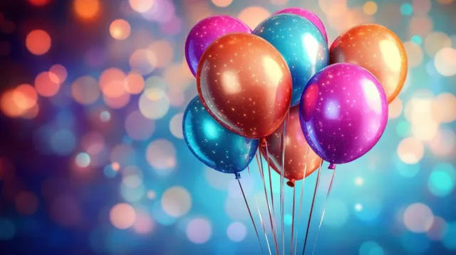 Colorful shiny balloons cluster floating above glowing bokeh lights in a festive blur