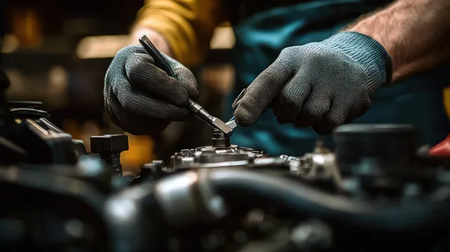 Gloved mechanic hands tighten a bolt on an exposed car engine in a garage workshop.