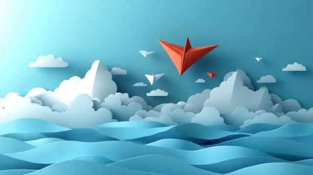 A red paper airplane flies above layered clouds with small paper planes forming a loose flock in the blue sky.