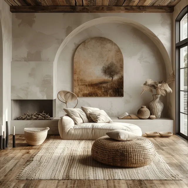 Neutral boho living room with a low sofa, arched fireplace wall, textured rug, and soft daylight through windows.