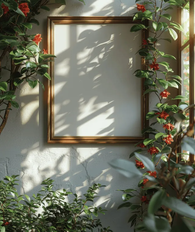 Vertical wooden picture frame mockup on wall, sunlight leaves casting crisp shadows