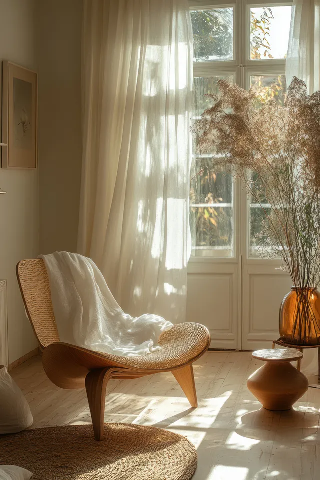 Sunlit Scandinavian living room with cream armchair, soft curtains, and warm wooden side table