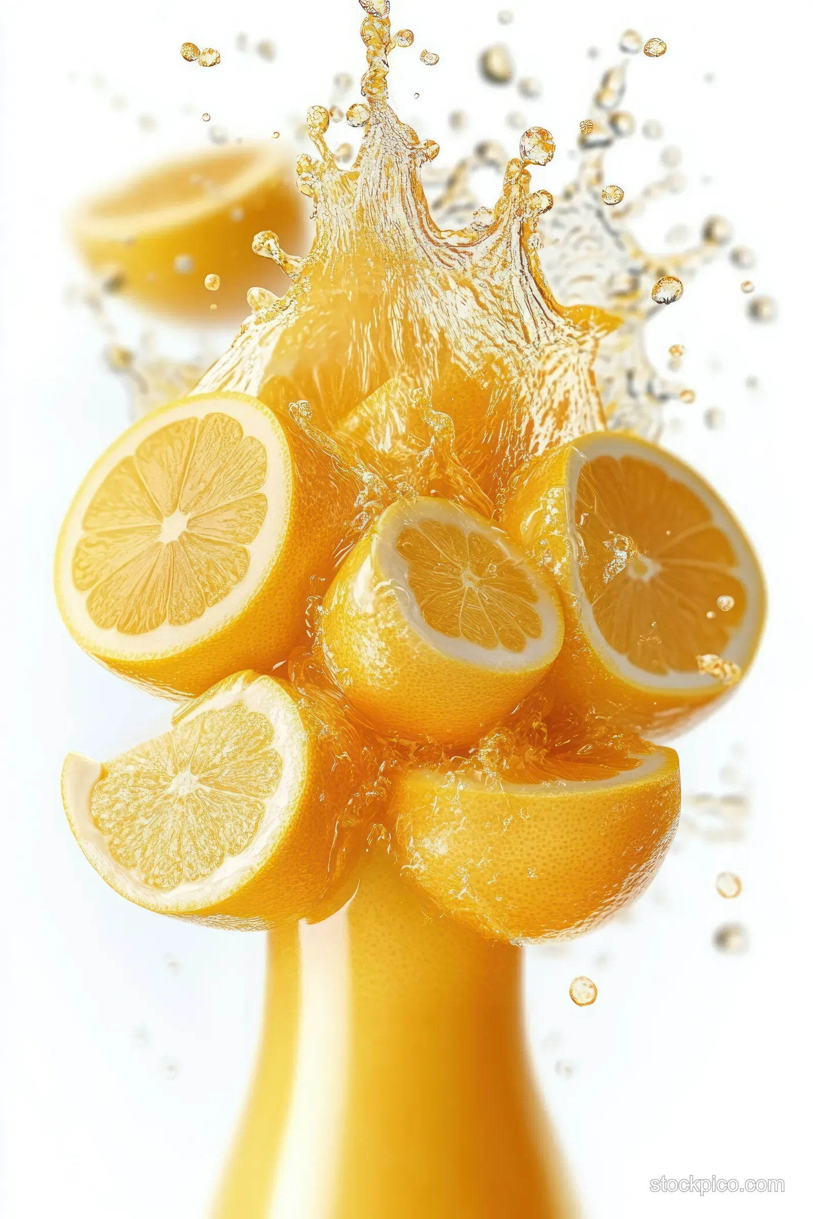 Orange juice splashes on a white background with flying orange slices and sparkling droplets.