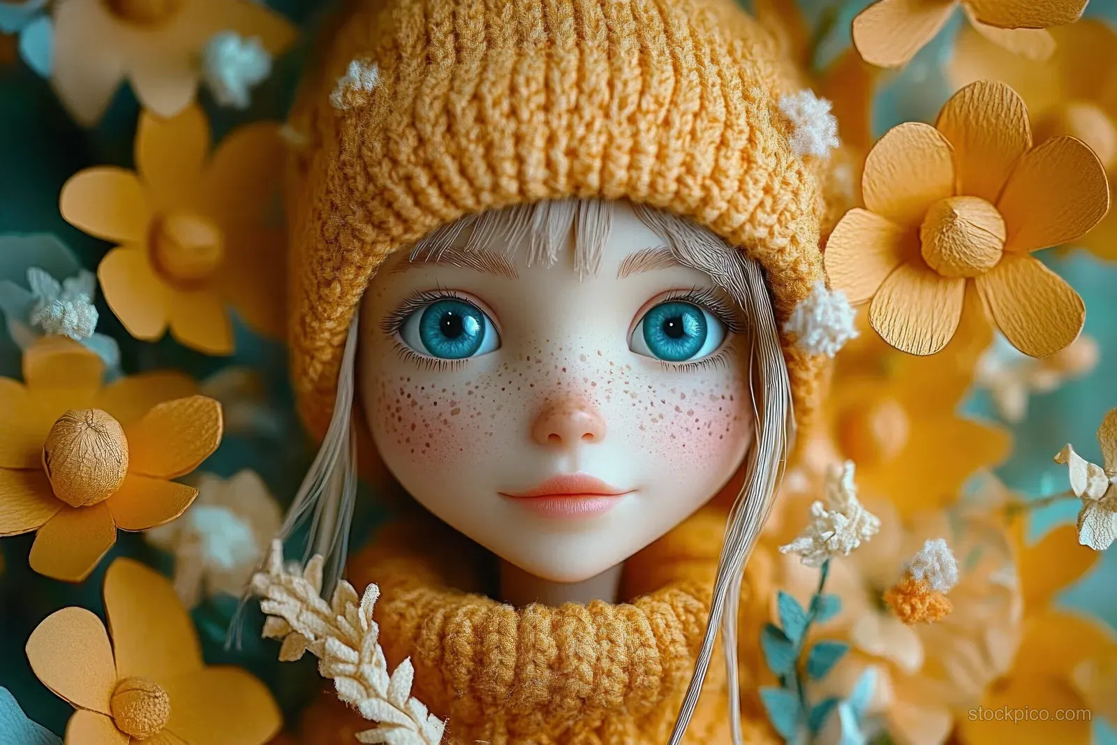Freckled doll with bright blue eyes wearing a mustard knit hat and sweater, surrounded by yellow and white flowers.