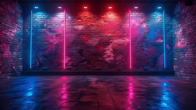 Neon red and blue light tubes shine on a dark brick wall above a wet reflective stage floor.