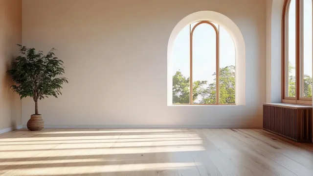 Sunlit minimalist living room interior with peach arch window, wooden floor, and potted plant.