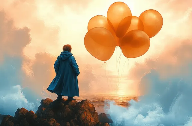 Person in long coat stands on rocky cliff watching orange balloons float into sunset clouds