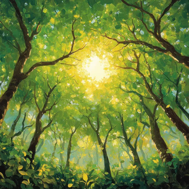 Sunlit forest canopy with fresh green leaves and glowing rays through branching tree crowns