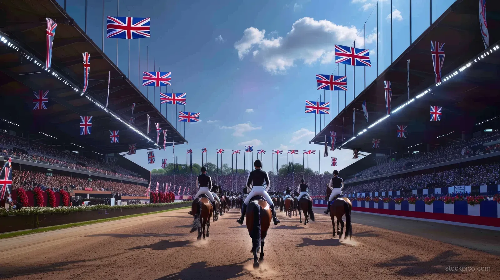 Dressage riders and horses move down an arena center path under waving Great Britain flags.