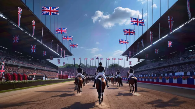 Dressage riders and horses move down an arena center path under waving Great Britain flags.