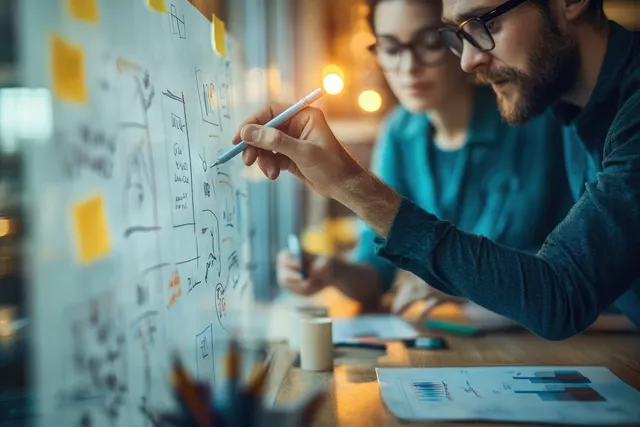 A designer points at sketch charts on a glass wall while others discuss at a desk with sticky notes.