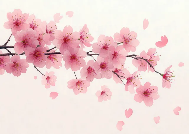Pink cherry blossom flowers and falling petals on slender branches against a pale background.