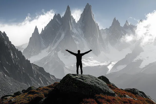 A silhouetted hiker stands with arms outstretched on a rocky summit beneath jagged mountains and cloudy mist.