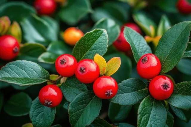 Close-up of red berries on dark green leafy branches outdoors with soft background foliage.