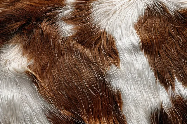 Close-up of brown and white animal fur showing fine hair strands and natural fiber texture.