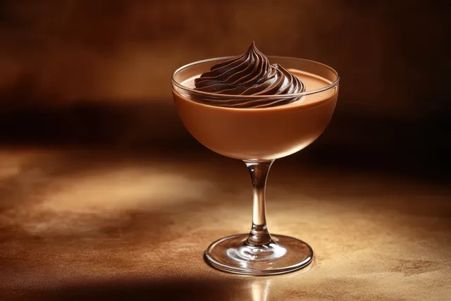 A glass of chocolate mousse topped with a dark chocolate cream swirl sits on a warm brown textured surface.