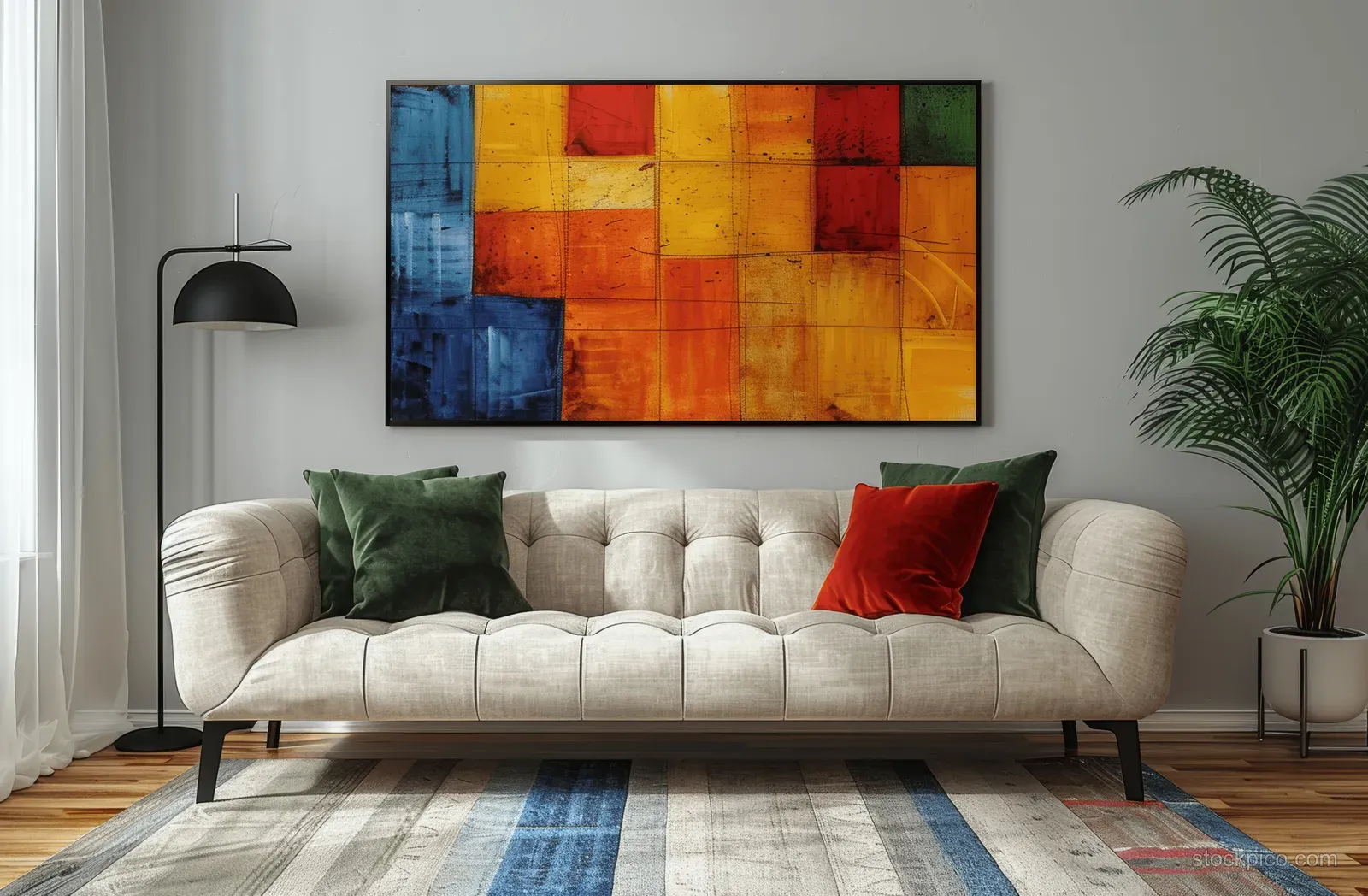 Cream sofa with green velvet pillow and abstract wall painting, with a black floor lamp and potted plant in a white living room.
