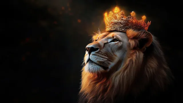 Lion king with glowing golden crown looking upward against a dark mystical backdrop