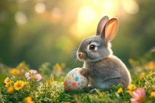 A fluffy gray rabbit holds a floral Easter egg in a grassy meadow with yellow and pink flowers under warm sunlight.