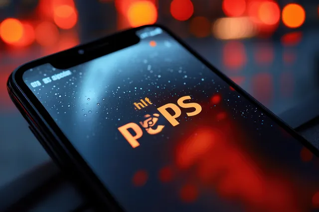 Close-up of a smartphone showing an app logo with schematic visuals against orange and blue bokeh lights.