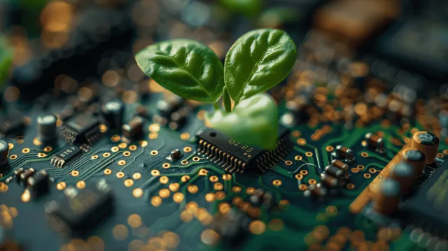 A green sprout grows from a circuit board filled with glowing microchip traces and blurred electronics around it.