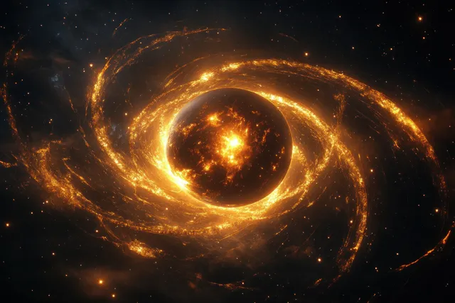 Fiery glowing planet with swirling golden rings in deep space surrounded by stars and cosmic dust.
