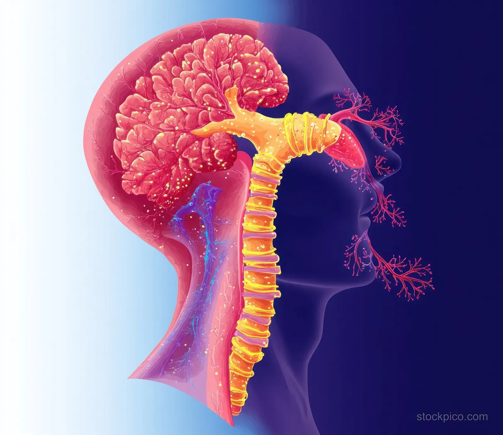 Cross-section illustration of a human head showing nasal passages, larynx, and airway structures.