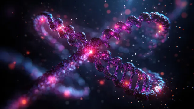 Glowing DNA double helix surrounded by purple and pink particles drifting in a dark space background.