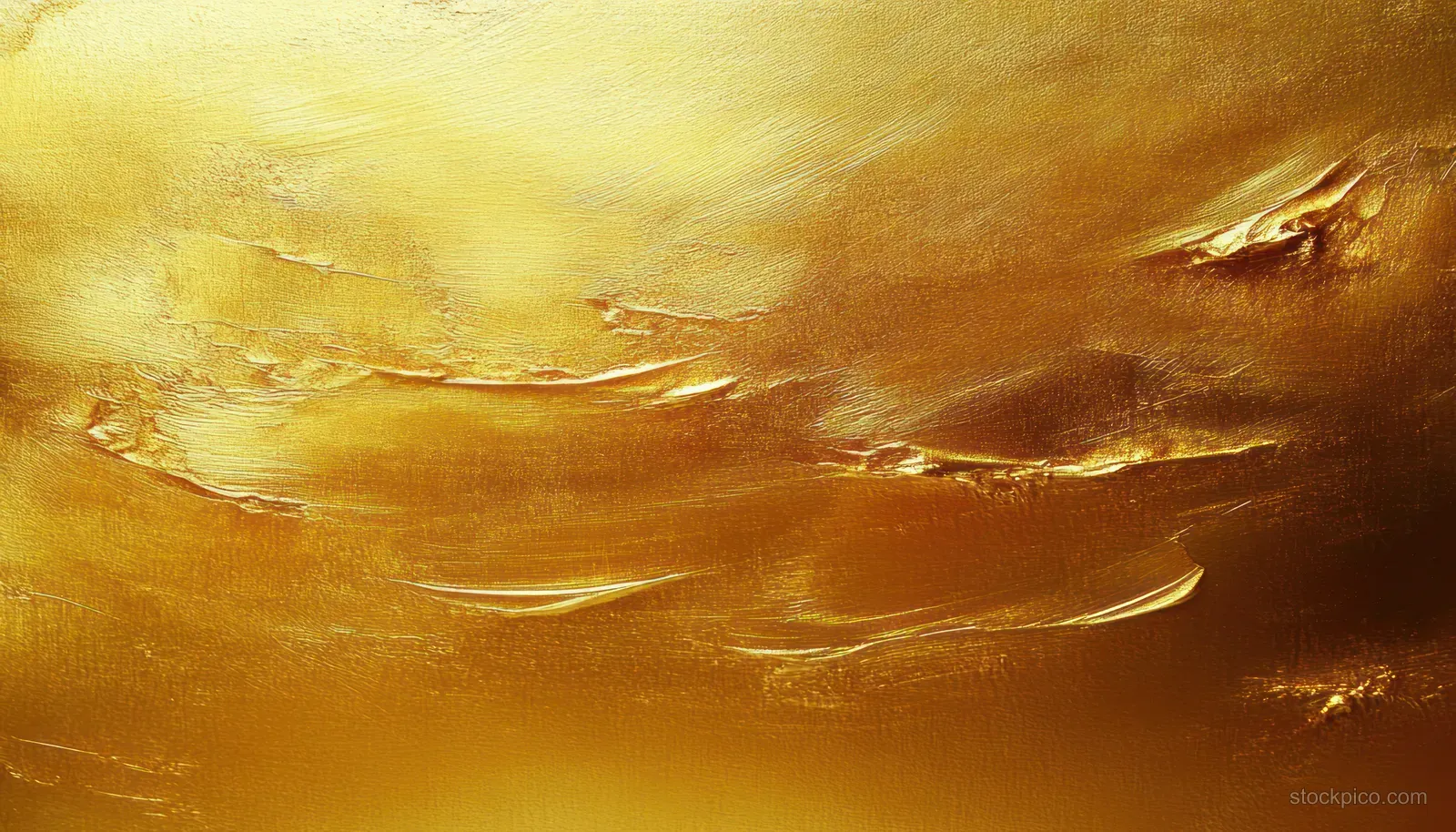 Abstract golden impasto brushstrokes with metallic shimmer and warm highlights across a textured light background.