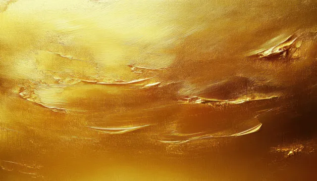 Abstract golden impasto brushstrokes with metallic shimmer and warm highlights across a textured light background.
