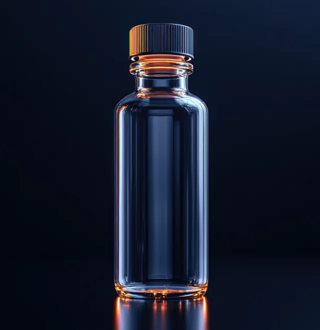 Close-up of glowing glass ampoule with bubbles on dark reflective lab surface