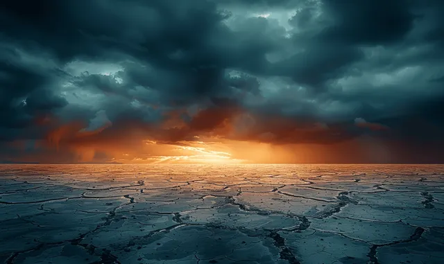 A cracked desert landscape stretches toward a glowing horizon beneath swirling storm clouds.