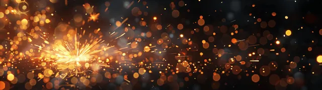 Golden fireworks burst over a dark background with sparkling bokeh lights and flare trails.