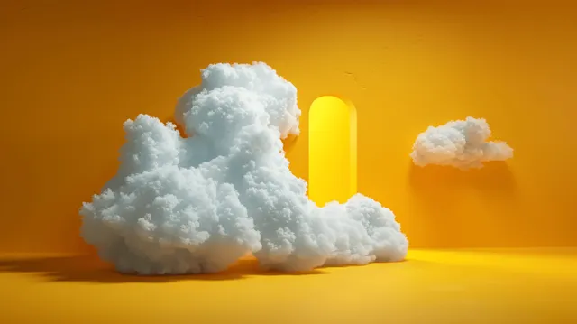 Un esponjoso montículo de nube sobre un fondo amarillo brillante junto a una forma de puerta recortada en papel blanco.