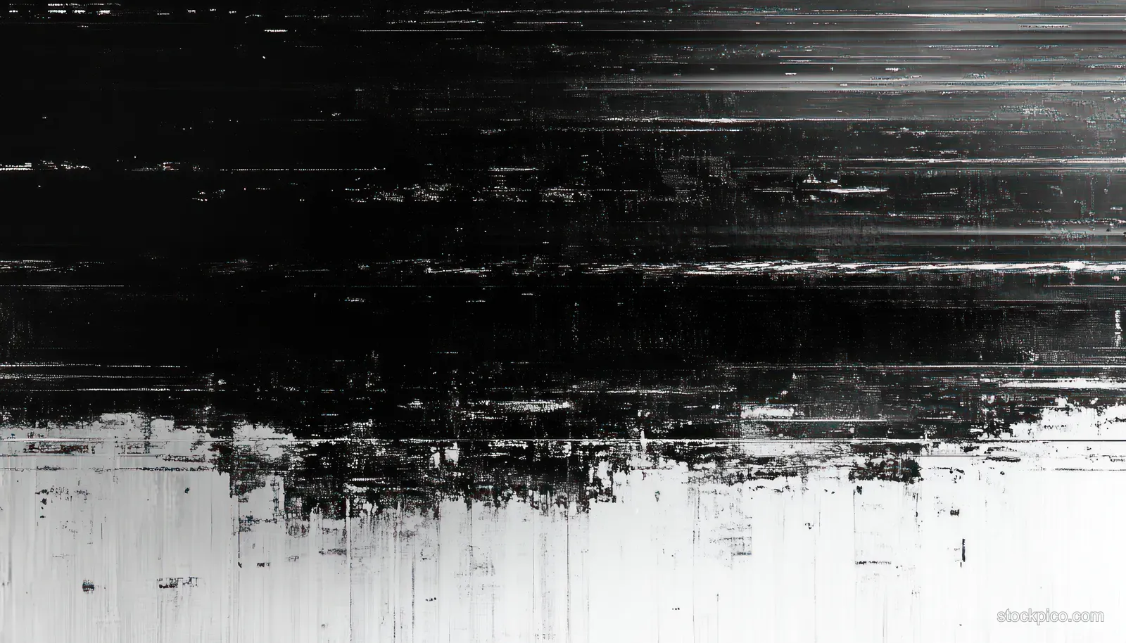 Grainy black and white abstract panel with horizontal scanlines and glitch-like static textures.