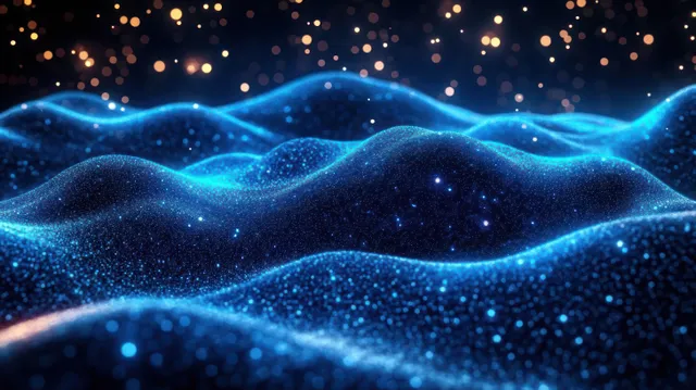 Blue particle wave crests ripple over a digital ocean with floating golden lights above