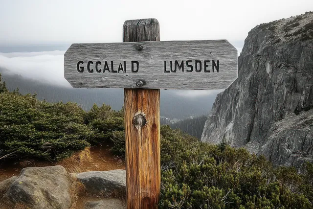 A weathered wooden directional signpost on a misty mountain trail with rocky cliffs and foggy valley in the background.