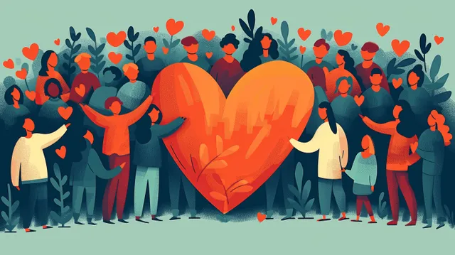 A diverse community joyfully holds a large heart, symbolizing love, compassion, and support for Valentine's Day charity.