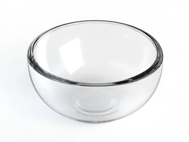 A clear empty glass bowl centered on a white studio background with soft reflections.