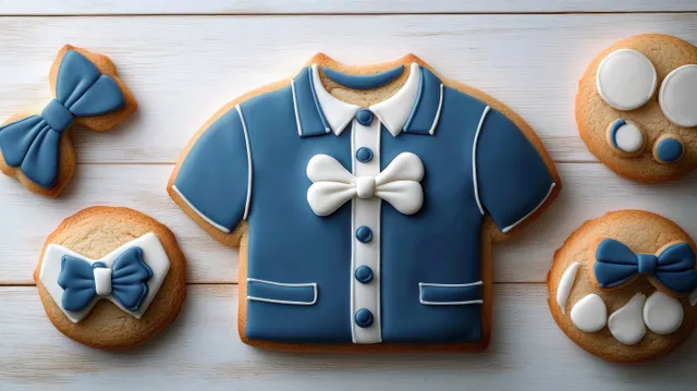 Blue and white shirt-shaped and round iced cookies with bow ties and button details on a light wooden surface.