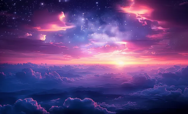 A glowing sunset illuminates layered clouds beneath a purple and blue starry night sky.